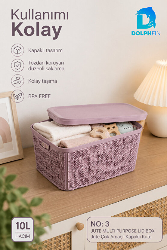 Jute Kapaklı Saklama Kutusu 10 L Plastik Mutfak Kiler Dolap İçi Organizer 34x24x15,5 cm