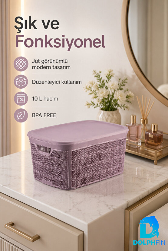 Jute Kapaklı Saklama Kutusu 10 L Plastik Mutfak Kiler Dolap İçi Organizer 34x24x15,5 cm