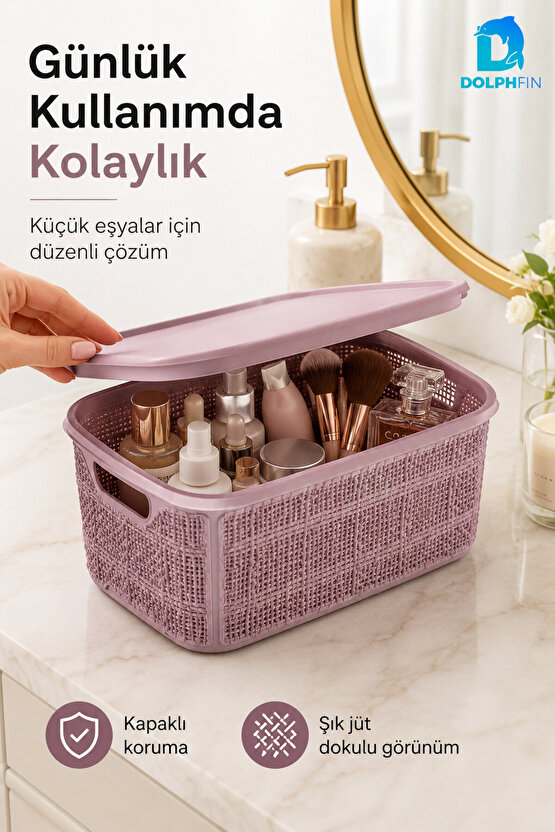 Jute Kapaklı Saklama Kutusu 5 L Plastik Mutfak Kiler Dolap İçi Organizer