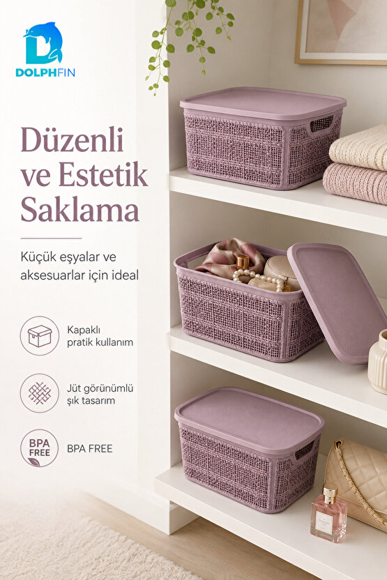 Jute Kapaklı Saklama Kutusu 5 L Plastik Mutfak Kiler Dolap İçi Organizer