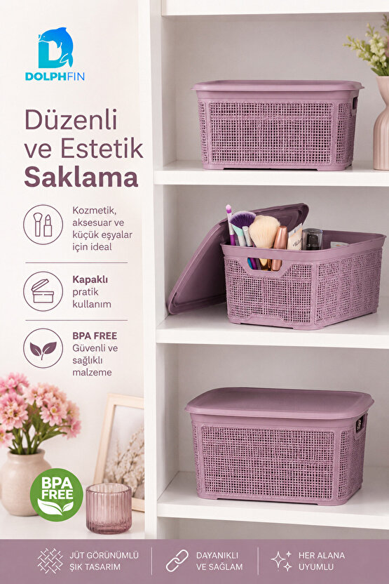 Jute Kapaklı Saklama Kutusu 2,5 L Plastik Mutfak Kiler Dolap İçi Organizer