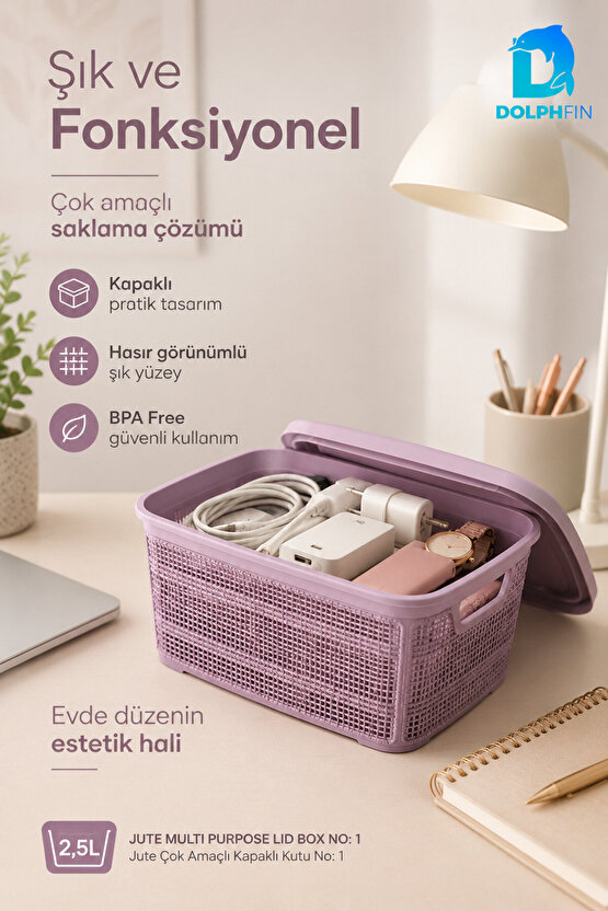 Jute Kapaklı Saklama Kutusu 2,5 L Plastik Mutfak Kiler Dolap İçi Organizer