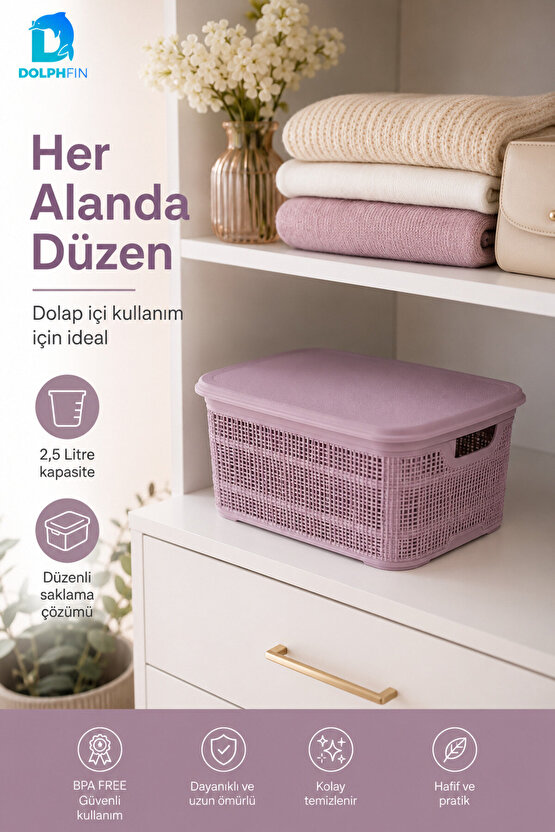 Jute Kapaklı Saklama Kutusu 2,5 L Plastik Mutfak Kiler Dolap İçi Organizer