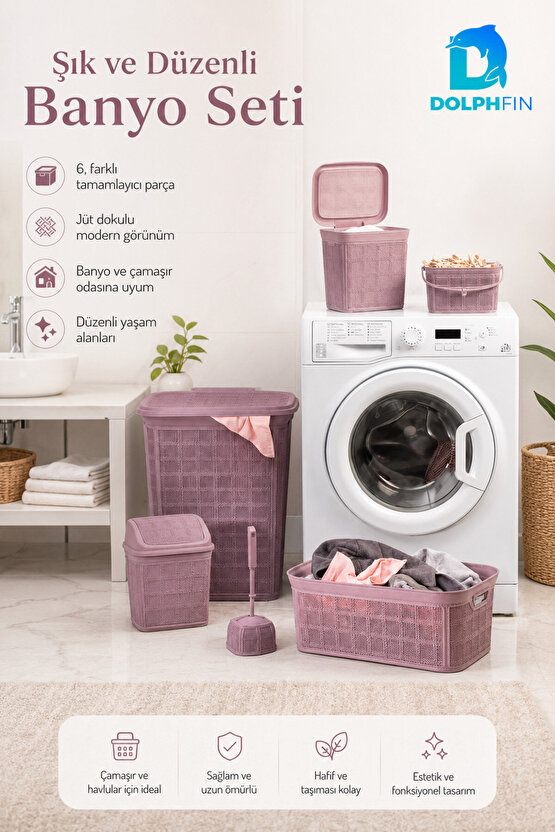 Jute Çeyiz Seti 6’lı Plastik Banyo Mutfak Dolap İçi Düzenleyici Sepet Kutu Çöp Kovası Seti Karışık Renk