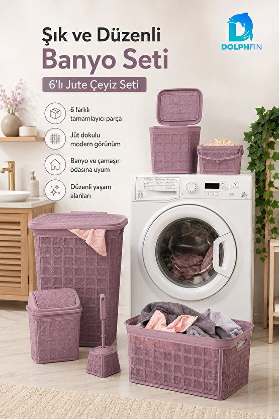 Jute Çeyiz Seti 6’lı Plastik Banyo Mutfak Dolap İçi Düzenleyici Sepet Kutu Çöp Kovası Seti Karışık Renk