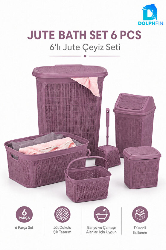 Jute Çeyiz Seti 6’lı Plastik Banyo Mutfak Dolap İçi Düzenleyici Sepet Kutu Çöp Kovası Seti Karışık Renk