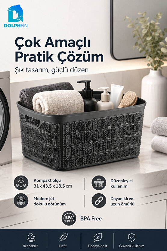 Jute Çok Amaçlı Kutu 18 L Plastik Mutfak Banyo Dolap İçi Düzenleyici