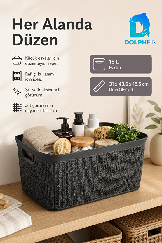 Jute Çok Amaçlı Kutu 18 L Plastik Mutfak Banyo Dolap İçi Düzenleyici