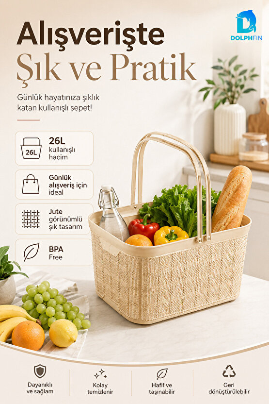 Jute Alışveriş Sepeti 26 L Çok Amaçlı Saklama Taşıma Sepeti Çamaşır Oyuncak Düzenleyici