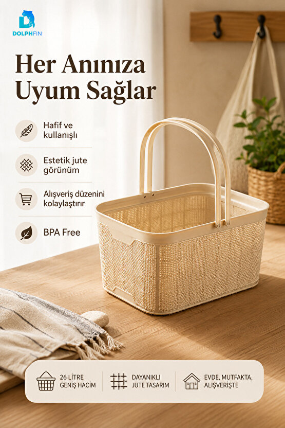 Jute Alışveriş Sepeti 26 L Çok Amaçlı Saklama Taşıma Sepeti Çamaşır Oyuncak Düzenleyici
