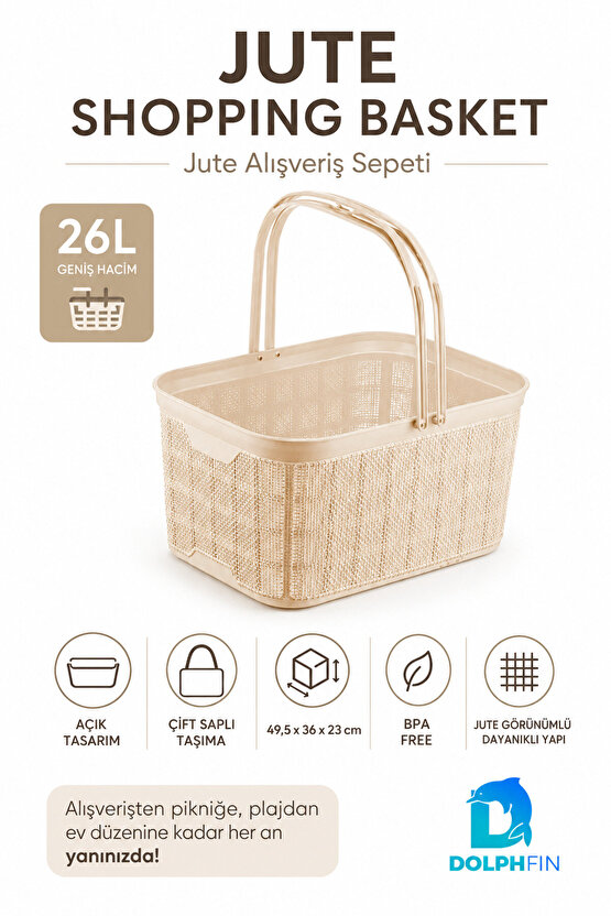 Jute Alışveriş Sepeti 26 L Çok Amaçlı Saklama Taşıma Sepeti Çamaşır Oyuncak Düzenleyici