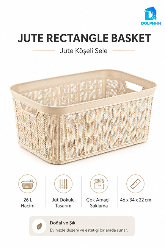 Jute Köşeli Sele 26 L Çok Amaçlı Saklama Taşıma Sepeti Çamaşır Oyuncak Düzenleyici