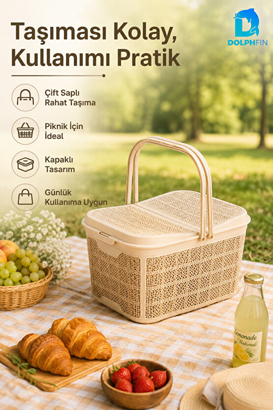 Jute Piknik Sepeti 26 L Çok Amaçlı Saklama Taşıma Sepeti Çamaşır Oyuncak Düzenleyici