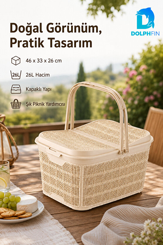 Jute Piknik Sepeti 26 L Çok Amaçlı Saklama Taşıma Sepeti Çamaşır Oyuncak Düzenleyici