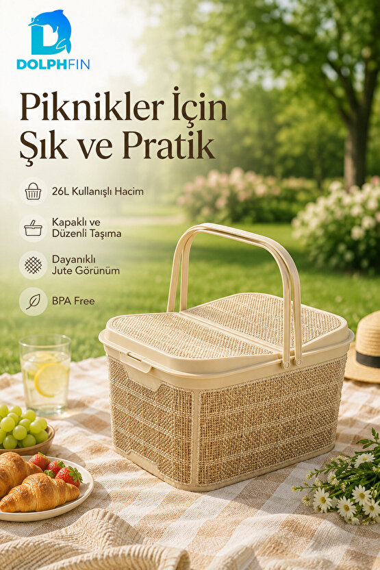 Jute Piknik Sepeti 26 L Çok Amaçlı Saklama Taşıma Sepeti Çamaşır Oyuncak Düzenleyici