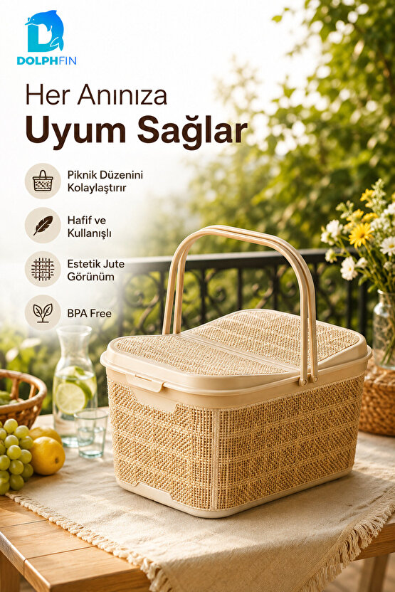 Jute Piknik Sepeti 26 L Çok Amaçlı Saklama Taşıma Sepeti Çamaşır Oyuncak Düzenleyici