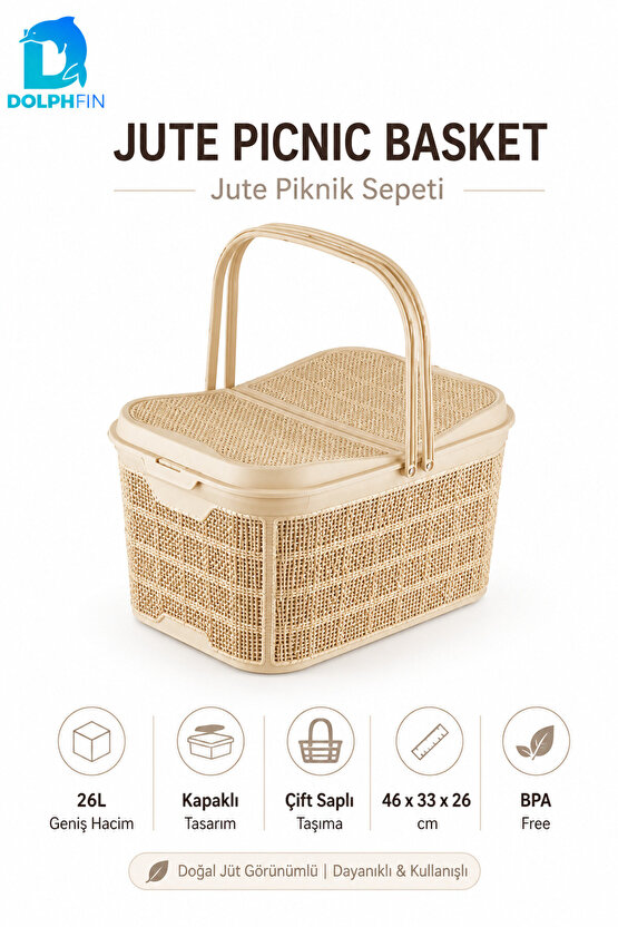 Jute Piknik Sepeti 26 L Çok Amaçlı Saklama Taşıma Sepeti Çamaşır Oyuncak Düzenleyici