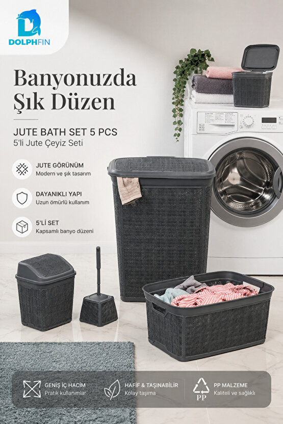 Jute Çeyiz Seti 5’li Plastik Banyo Mutfak Dolap İçi Düzenleyici Sepet Çöp Kovası Klozet Fırçası Seti