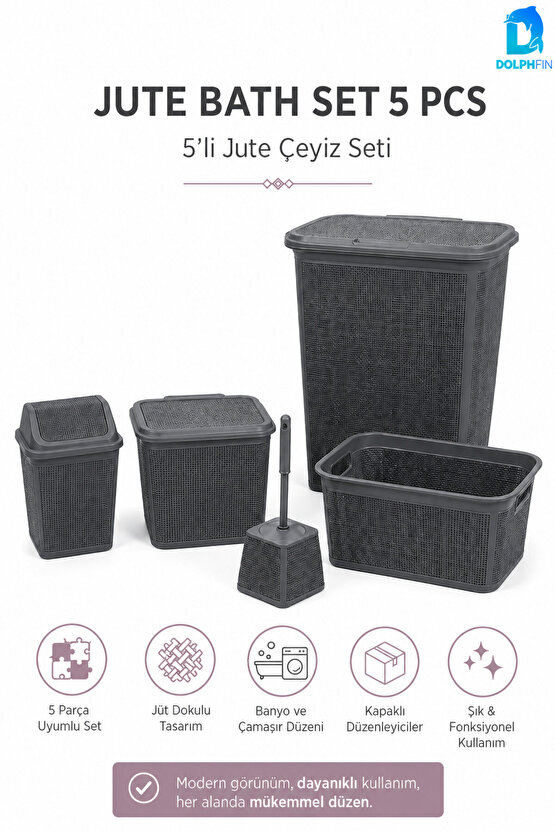 Jute Çeyiz Seti 5’li Plastik Banyo Mutfak Dolap İçi Düzenleyici Sepet Çöp Kovası Klozet Fırçası Seti