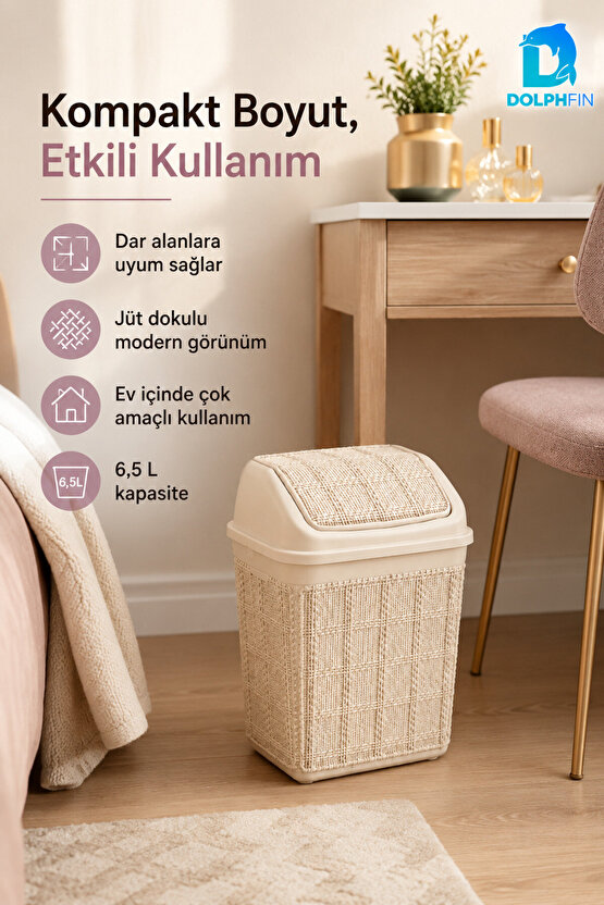 Jute Çöp Kovası 6,5 L Banyo Mutfak Ofis Balkon Araç Atık Kovası
