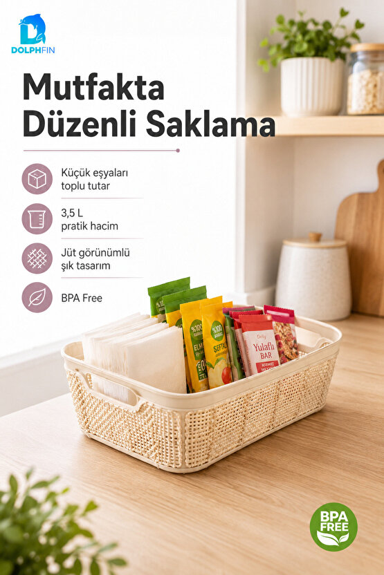Jute Pratik Sepet 3,5 L Çok Amaçlı Saklama Taşıma Sepeti Çamaşır Oyuncak Düzenleyici