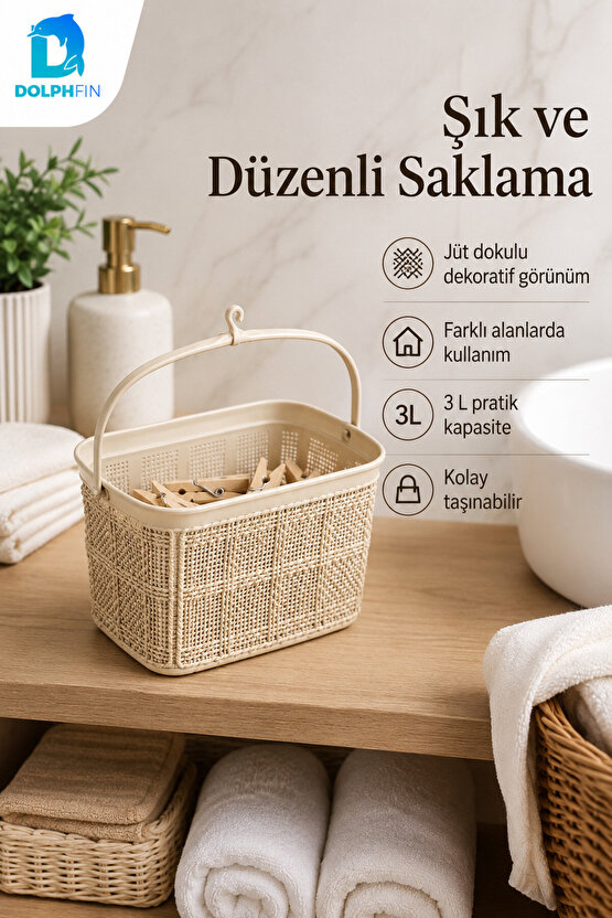 Jute Mandal Sepeti 3 L Çok Amaçlı Çamaşır Oyuncak Saklama Taşıma Sepeti