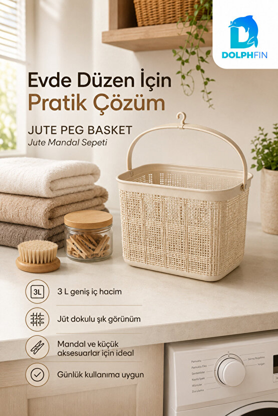 Jute Mandal Sepeti 3 L Çok Amaçlı Çamaşır Oyuncak Saklama Taşıma Sepeti