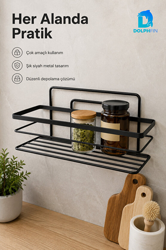 Tek Katlı Siyah Metal Çok Amaçlı Raf Duvar Rafı Banyo Mutfak Düzenleyici Organizer