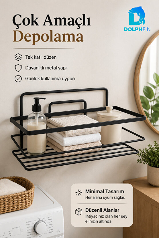 Tek Katlı Siyah Metal Çok Amaçlı Raf Duvar Rafı Banyo Mutfak Düzenleyici Organizer