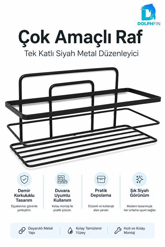 Tek Katlı Siyah Metal Çok Amaçlı Raf Duvar Rafı Banyo Mutfak Düzenleyici Organizer