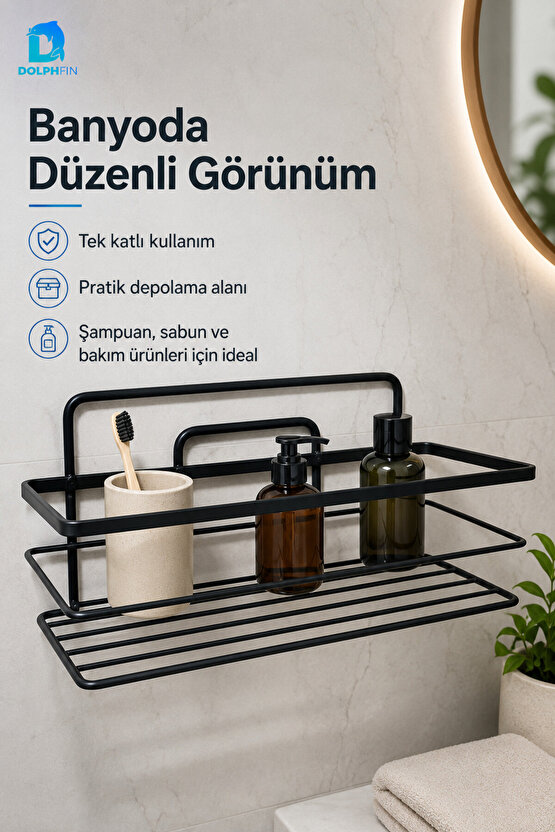Tek Katlı Siyah Metal Çok Amaçlı Raf Duvar Rafı Banyo Mutfak Düzenleyici Organizer