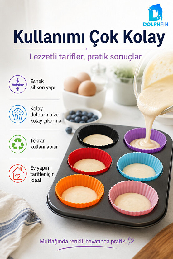 6’lı Renkli Silikon Muffin Kalıbı Cupcake Kek Kalıbı Esnek Tekrar Kullanılabilir Muffin Kabı