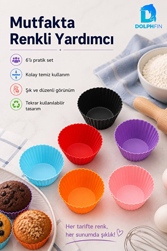 6’lı Renkli Silikon Muffin Kalıbı Cupcake Kek Kalıbı Esnek Tekrar Kullanılabilir Muffin Kabı
