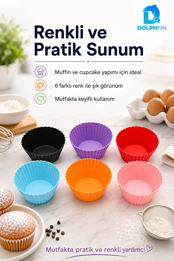 6’lı Renkli Silikon Muffin Kalıbı Cupcake Kek Kalıbı Esnek Tekrar Kullanılabilir Muffin Kabı