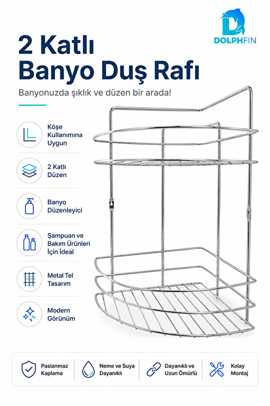 2 Katlı Gümüş Banyo Duş Rafı Metal Köşe Şampuanlık Sabunluk Banyo Düzenleyici Raf