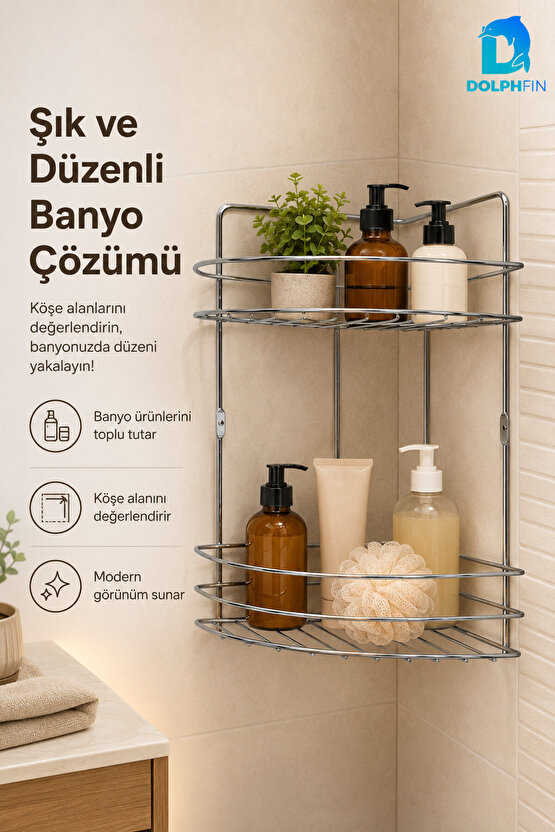 2 Katlı Gümüş Banyo Duş Rafı Metal Köşe Şampuanlık Sabunluk Banyo Düzenleyici Raf