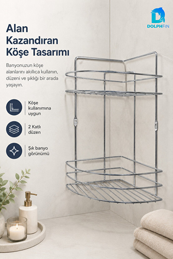 2 Katlı Gümüş Banyo Duş Rafı Metal Köşe Şampuanlık Sabunluk Banyo Düzenleyici Raf