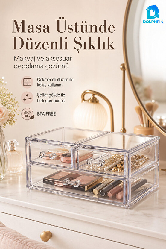 3 Çekmeceli Şeffaf Kozmetik Organizer Makyaj Takı Ruj Oje Pamuk Düzenleyici