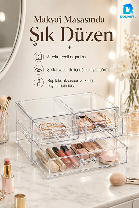 3 Çekmeceli Şeffaf Kozmetik Organizer Makyaj Takı Ruj Oje Pamuk Düzenleyici