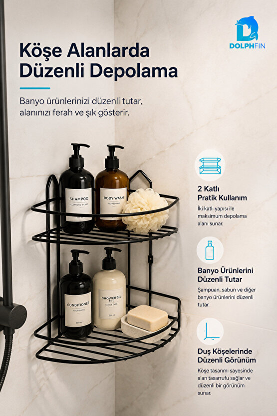 2 Katlı Siyah Banyo Duş Rafı Köşe Metal Şampuan Sabunluk Banyo Düzenleyici Raf