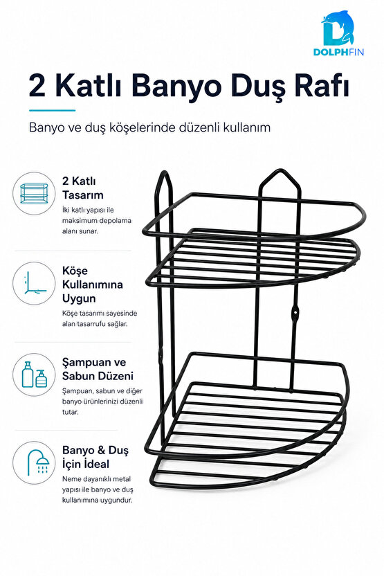 2 Katlı Siyah Banyo Duş Rafı Köşe Metal Şampuan Sabunluk Banyo Düzenleyici Raf