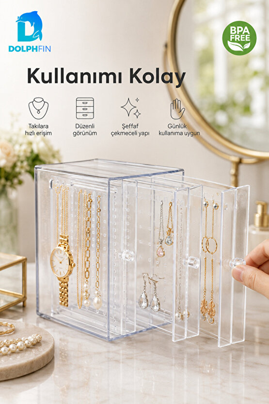 Çekmeceli Mücevher Kutusu Şeffaf Takı Kolye Küpe Aksesuar Makyaj Organizer