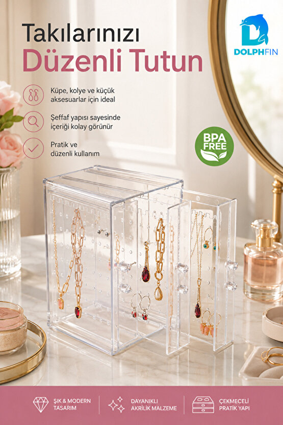 Çekmeceli Mücevher Kutusu Şeffaf Takı Kolye Küpe Aksesuar Makyaj Organizer