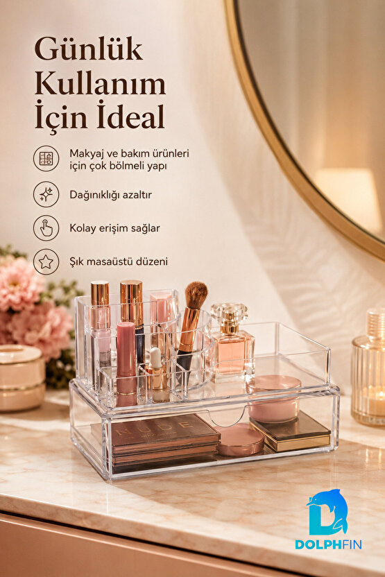 Çekmeceli Podyum Kozmetik Organizer Şeffaf Makyaj Takı Ruj Oje Pamuk Düzenleyici