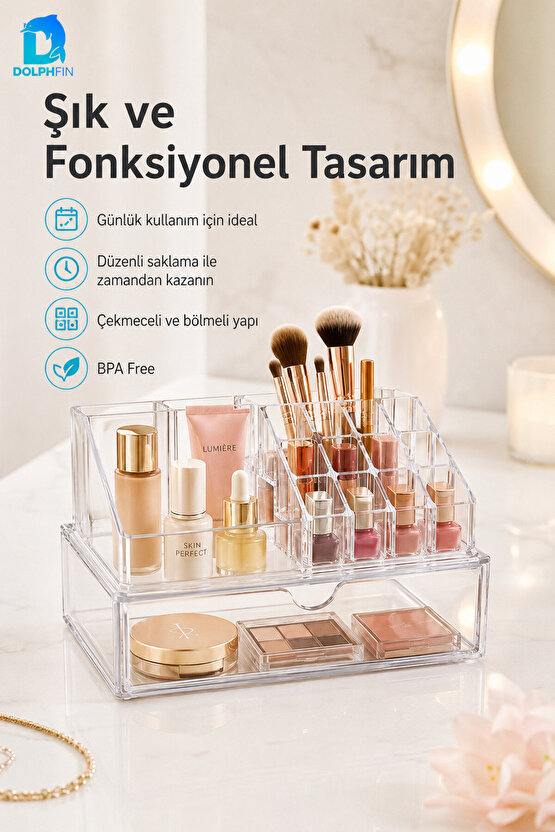 Organizerli Çekmece Set Şeffaf Makyaj Kozmetik Takı Ruj Oje Pamuk Düzenleyici