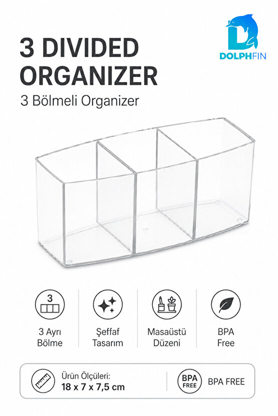 Kristal 3 Bölmeli Şeffaf Kozmetik Organizer Makyaj Takı Ruj Oje Pamuk Düzenleyici