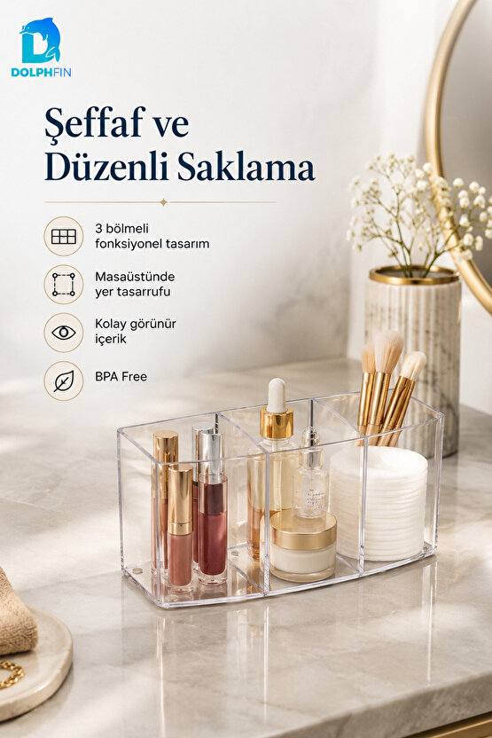 Kristal 3 Bölmeli Şeffaf Kozmetik Organizer Makyaj Takı Ruj Oje Pamuk Düzenleyici