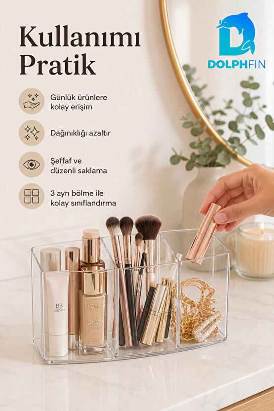 Kristal 3 Bölmeli Şeffaf Kozmetik Organizer Makyaj Takı Ruj Oje Pamuk Düzenleyici