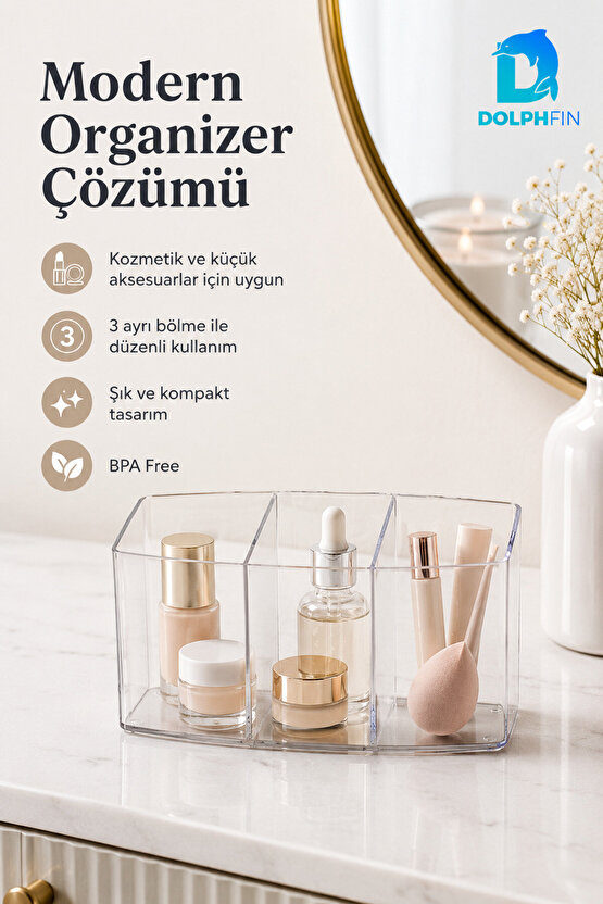 Kristal 3 Bölmeli Şeffaf Kozmetik Organizer Makyaj Takı Ruj Oje Pamuk Düzenleyici