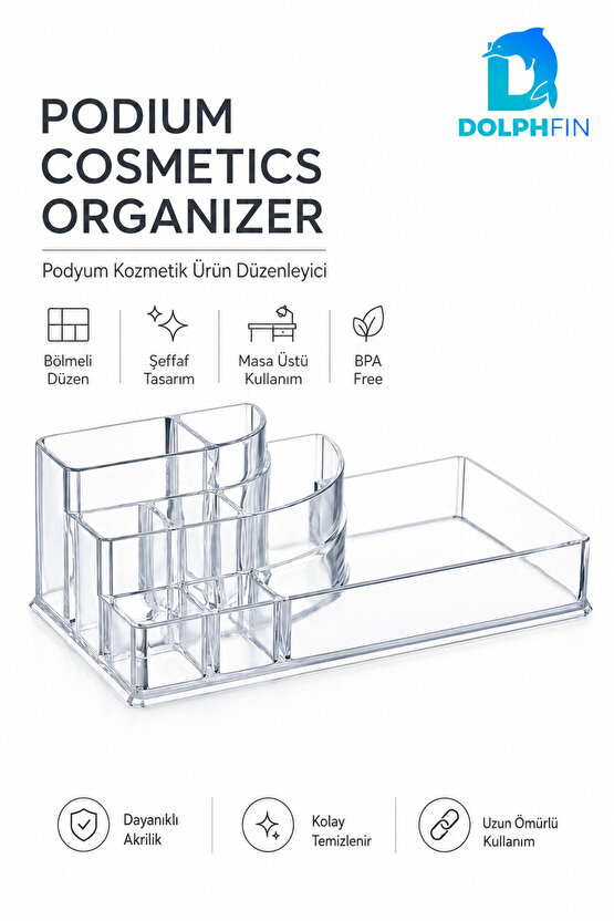Podyum Kozmetik Organizer Şeffaf Akrilik Makyaj Takı Ruj Oje Pamuk Düzenleyici